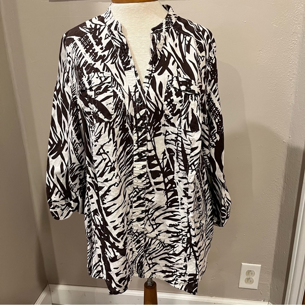 Laura Ashley Cream & Brown Design 100% Linen Button Down Blouse Women’s Size 1X